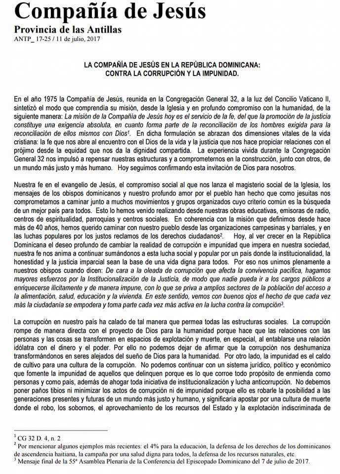 Los Jesuitas de República Dominicana se manifiestan en contra de la corrupción y la impunidad, Alcarrizos News Diario Digital